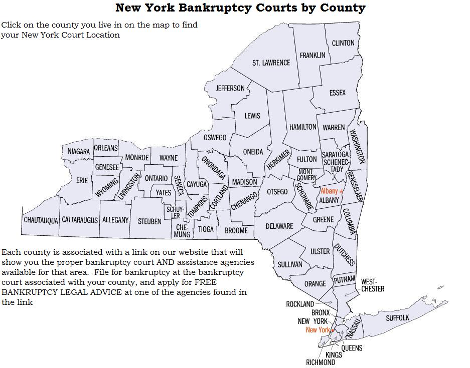 Find out which New York bankruptcy court is assigned to which County with EZBankruptcyForms.com.